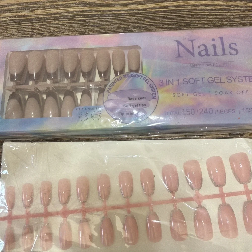 Easy Application Press On Nails Set + 3 In 1 Soft Gel Soak Off Pink Long Coffin